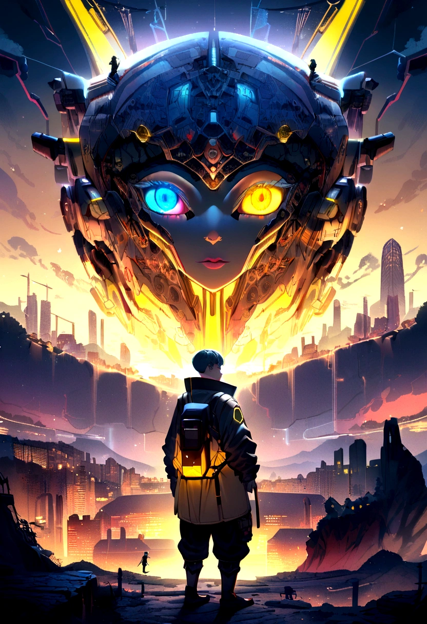 (head of&#39;artwork:1.3), (best cinematic quality:1.2), (extremely detailed setting:2), (gentle+artistic lighting), (1boy), short blue hairot, (eyes+yellow+rot:1.4), (multicolorot eyes+heterochromia), porter des vêtements cyberpunk, futurist, technological, paysage de ville avec (robots around)0.4], giving a dramatic landscape.