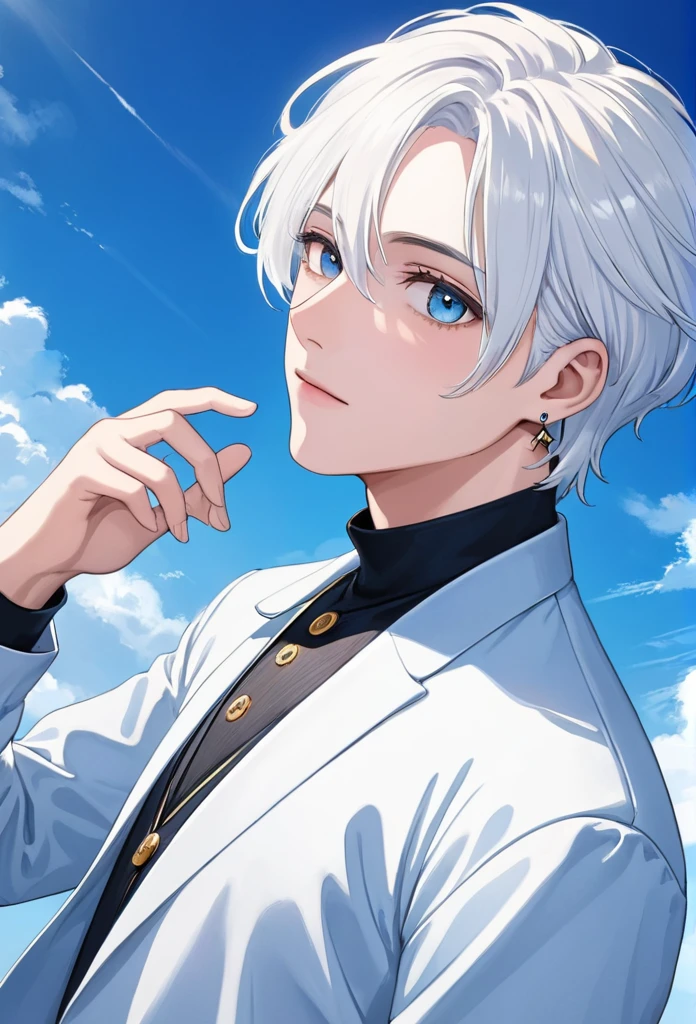 Masculine guy with white hair up to his neck, tender eyes blue as the sky, White and delicate skin, long earrings