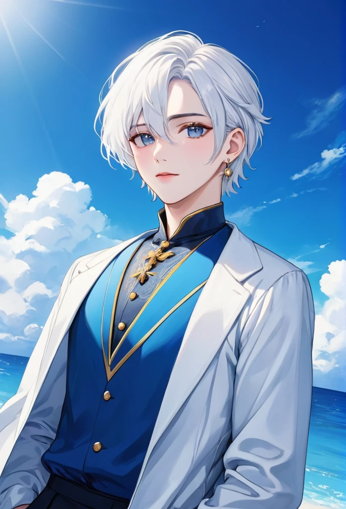 Masculine guy with white hair up to his neck, tender eyes blue as the sky, White and delicate skin, long earrings