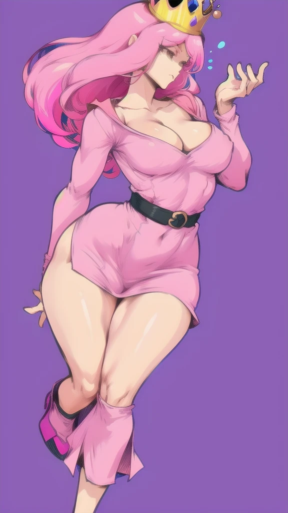 Full body image of Princess Bubblegum from Adventure Time, full body in image, wearing her original outfit (pink dress with a purple belt and crown), long pink hair, female body, slender and elegant body, dynamic pose, detailed pose, simple background, expressive face showing kindness, focus on face, line art, sketch