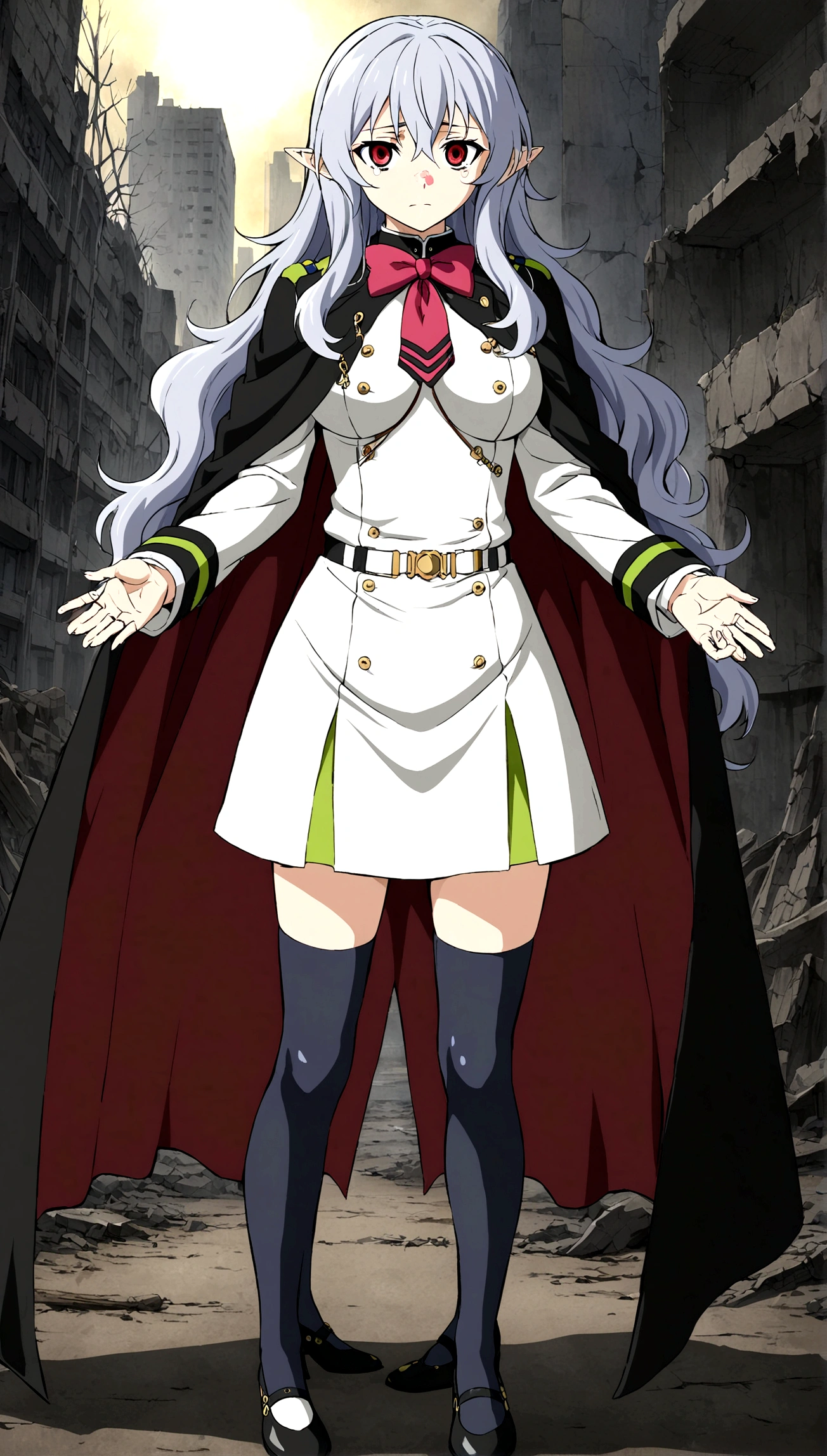 Anime. Owari no Seraph. 1 Girl. Expensive . A vampire. Clumsy. Progenitor. Silver hair. Wavy hair. Long hair. Red eyes. Beautiful eyes. Perfect eyes. Expressive eyes. Ideal face. Perfect body. Beautiful long ones. legs. Beautiful nose. 18 years. Big breasts. Standing. Full height. Beautiful character design. Shiny skin. Pointy ears. White dress. Vampire uniform dress from Owari no Seraph. Black stockings. She's crying. Deaths are in the eyes. Eyes swollen from tears. He wipes the tears from his eyes with his hands. Snot flows from the nose. Heeled shoes. Ruins of Tokyo. Whole body. NSF. Official art. Extremely detailed CG Unity 8k wallpaper. Ideal lighting. Ultra high resolution 4K. Super detailed 8K. A high resolution.