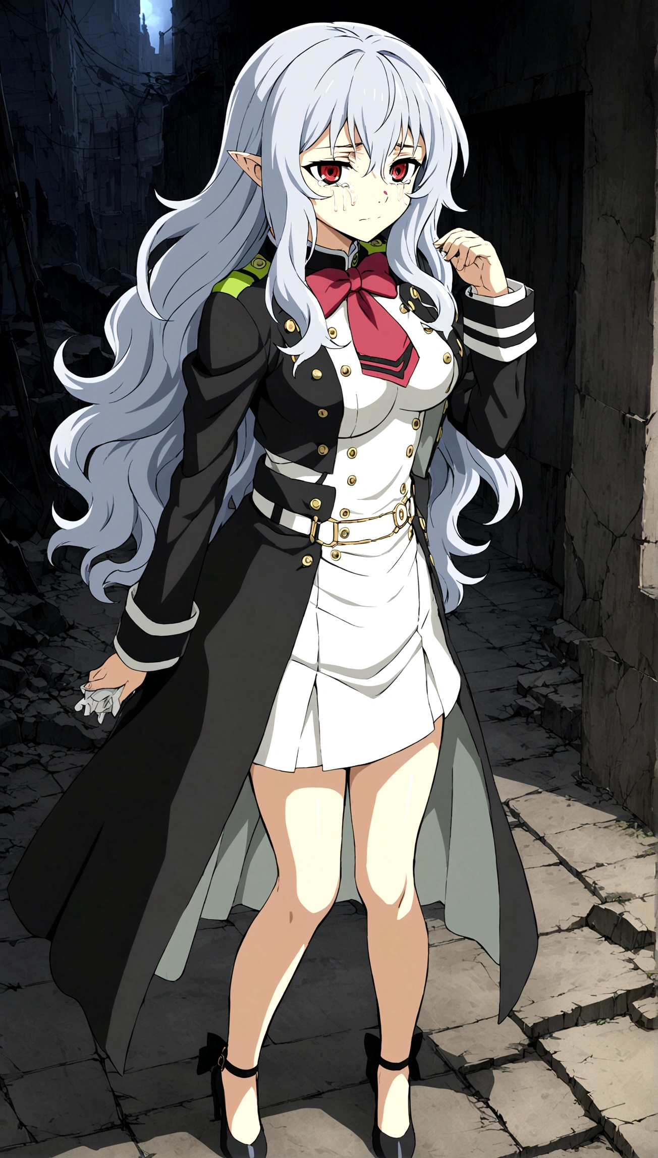 Anime. Owari no Seraph. 1 Girl. Expensive . A vampire. Clumsy. Progenitor. Silver hair. Wavy hair. Long hair. Red eyes. Beautiful eyes. Perfect eyes. Expressive eyes. Ideal face. Perfect body. Beautiful long ones. legs. Beautiful nose. 18 years. Big breasts. Standing. Full height. Beautiful character design. Shiny skin. Pointy ears. White dress. Vampire uniform dress from Owari no Seraph. Black stockings. She's crying. Deaths are in the eyes. Eyes swollen from tears. He wipes the tears from his eyes with his hands. Snot flows from the nose. Heeled shoes. Ruins of Tokyo. Whole body. NSF. Official art. Extremely detailed CG Unity 8k wallpaper. Ideal lighting. Ultra high resolution 4K. Super detailed 8K. A high resolution.