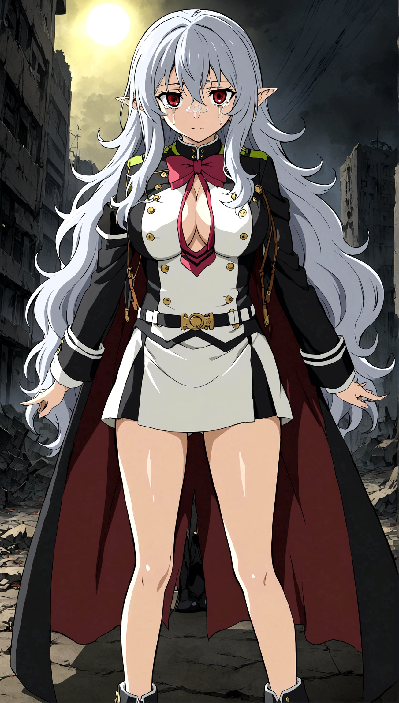 Anime. Owari no Seraph. 1 Girl. Expensive . A vampire. Clumsy. Progenitor. Silver hair. Wavy hair. Long hair. Red eyes. Beautiful eyes. Perfect eyes. Expressive eyes. Ideal face. Perfect body. Beautiful long ones. legs. Beautiful nose. 18 years. Big breasts. Standing. Full height. Beautiful character design. Shiny skin. Pointy ears. White dress. Vampire uniform dress from Owari no Seraph. Black stockings. She's crying. Deaths are in the eyes. Eyes swollen from tears. He wipes the tears from his eyes with his hands. Snot flows from the nose. Heeled shoes. Ruins of Tokyo. Whole body. NSF. Official art. Extremely detailed CG Unity 8k wallpaper. Ideal lighting. Ultra high resolution 4K. Super detailed 8K. A high resolution.