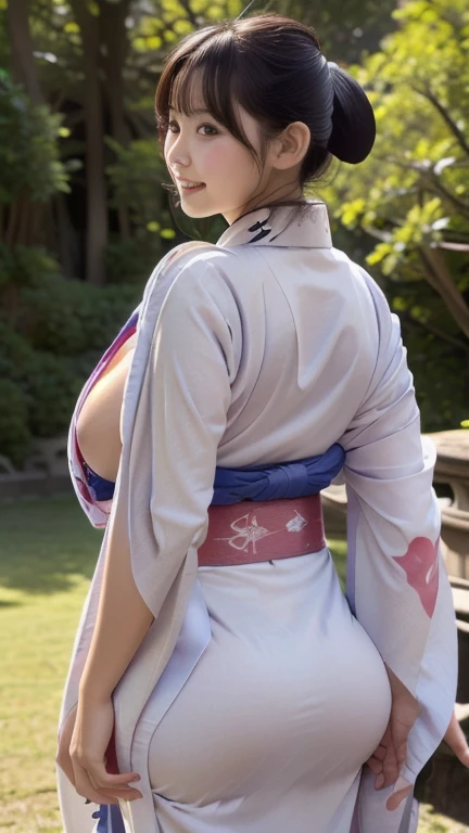 Adult female, 20-year-old, Grin, Low length, Japanese, ((kimono:1.5)), (Big Ass:1.5), (Super huge boobs:1.5), Huge breasts, bulging udder, (Chubby:1.2), Glowing Skin, Baby Face, Porn Pose, Full body portrait, Side view,