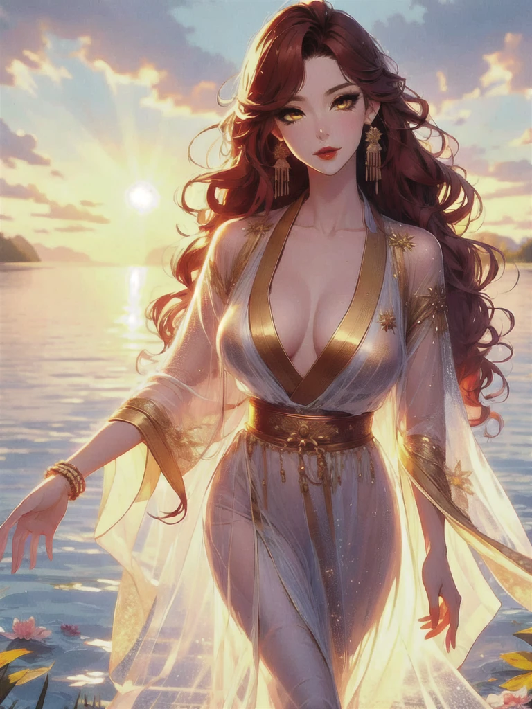UHD, textured skin, high detail, anatomically correct, SOLO, 1 female, Xian mei, unique golden eyes, long red curly hair, jewelry, round, big breasts, perfect anatomy, walking by the lake, clear water nude, nude, sexy, hot , stars at night, shooting stars, wonderful sky, dear night sky,