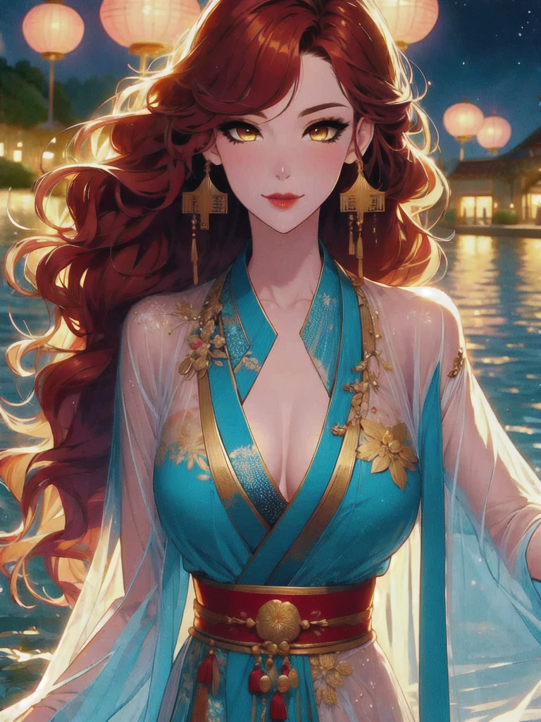 UHD, textured skin, high detail, anatomically correct, SOLO, 1 female, Xian mei, unique golden eyes, long red curly hair, jewelry, round, big breasts, perfect anatomy, walking by the lake, clear water nude, nude, sexy, hot , stars at night, shooting stars, wonderful sky, dear night sky,