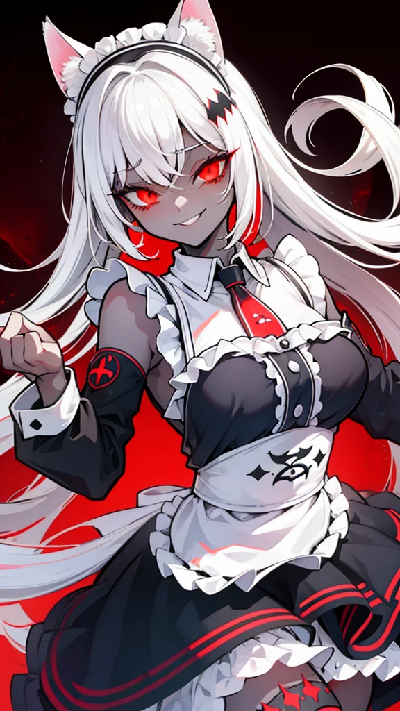 White hair,bit girl,dual horsetail,black-skinned,One eye is covered by bangs,cat ear,the maid outfit,Devilish charm,Sinister smile,Black whites of the eyeagic Array,Black and red background,slope,Cthulhu,Dark