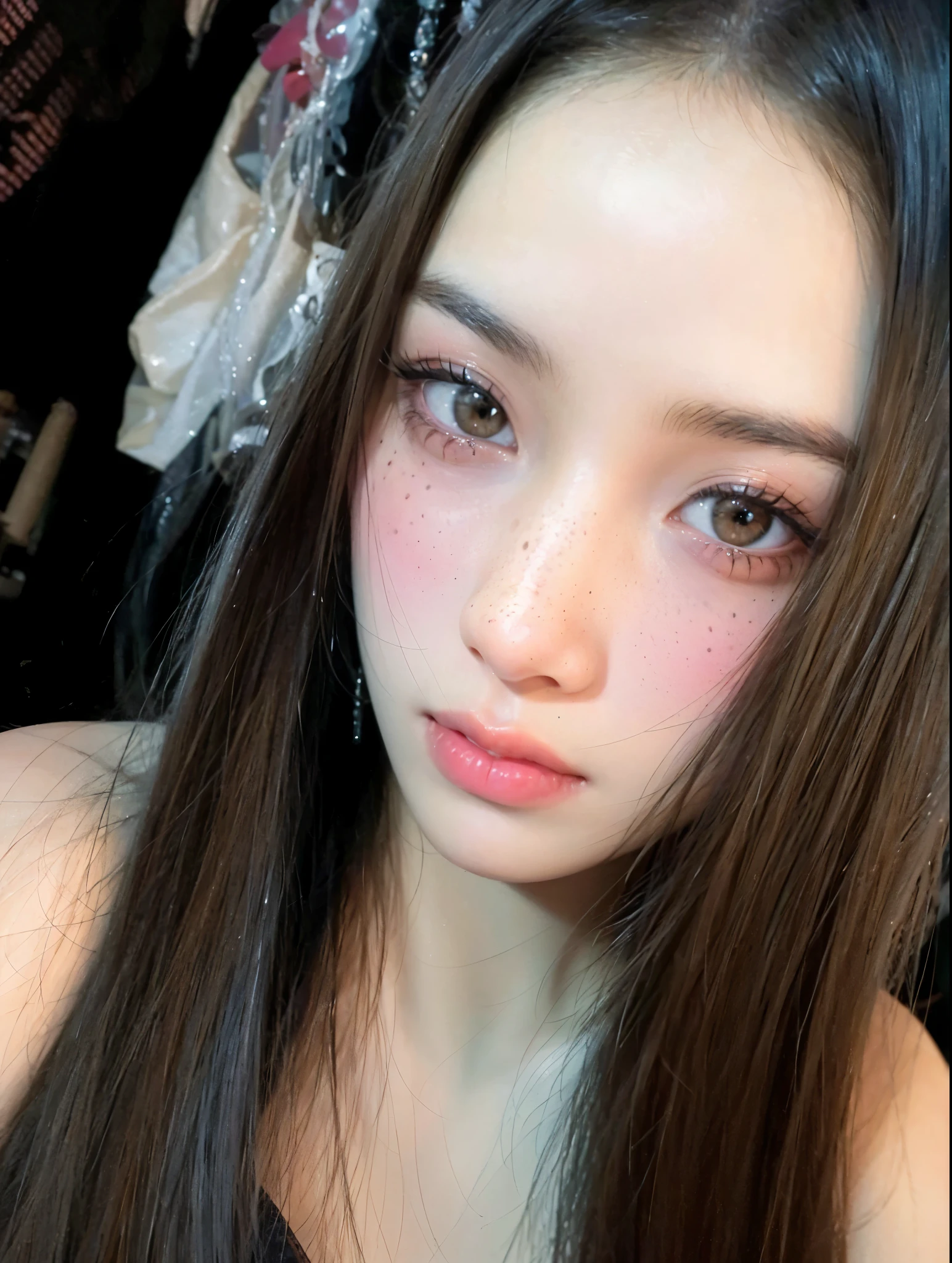 honey brown eyes and medium-long lashes with some freckles