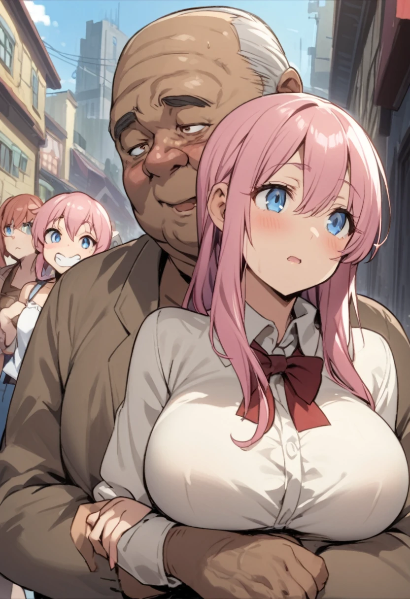 Pink haired girl、Upper Body、Twin Drill、blue eyes、、In town、Arm in arm with ugly fat middle-aged man