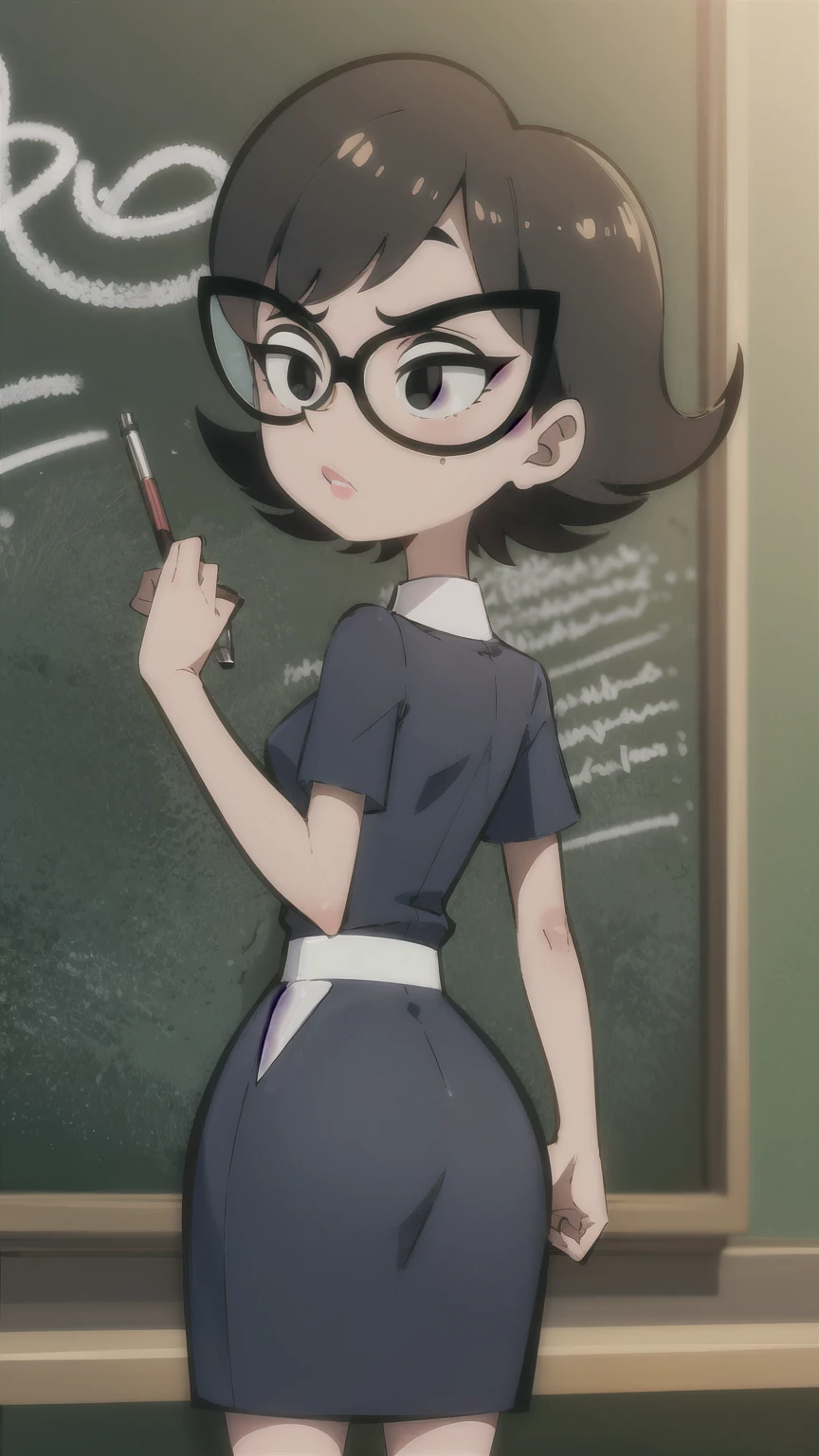 eleanor, black hair, black eyes,red lipstick, glasses, collared blue dress, short sleeves, looking serious, standing, from_behind, writing on chalkboard, high quality, masterpiece, 