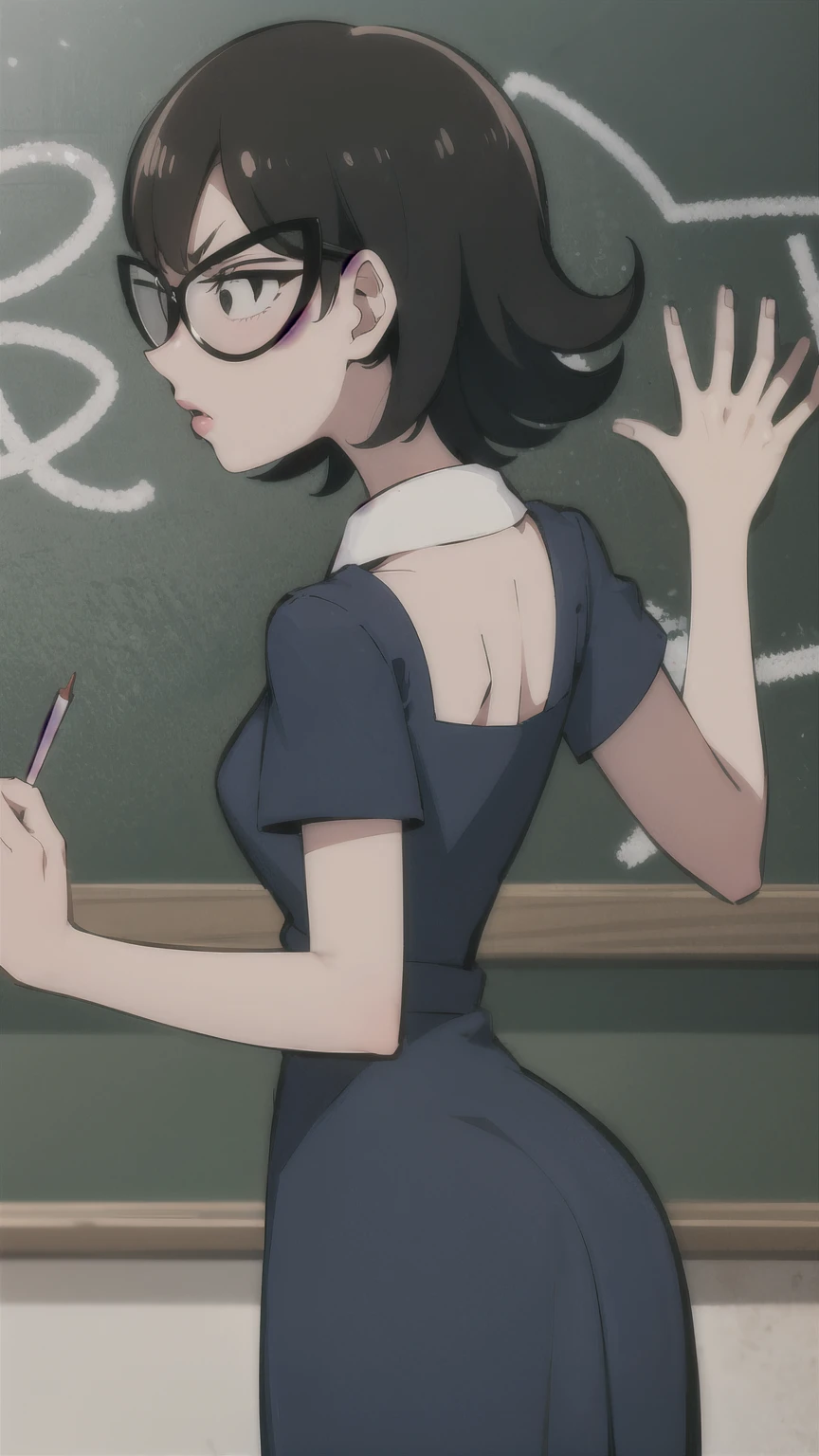 eleanor, black hair, black eyes,red lipstick, glasses, collared blue dress, short sleeves, looking serious, standing, from_behind, writing on chalkboard, high quality, masterpiece, 