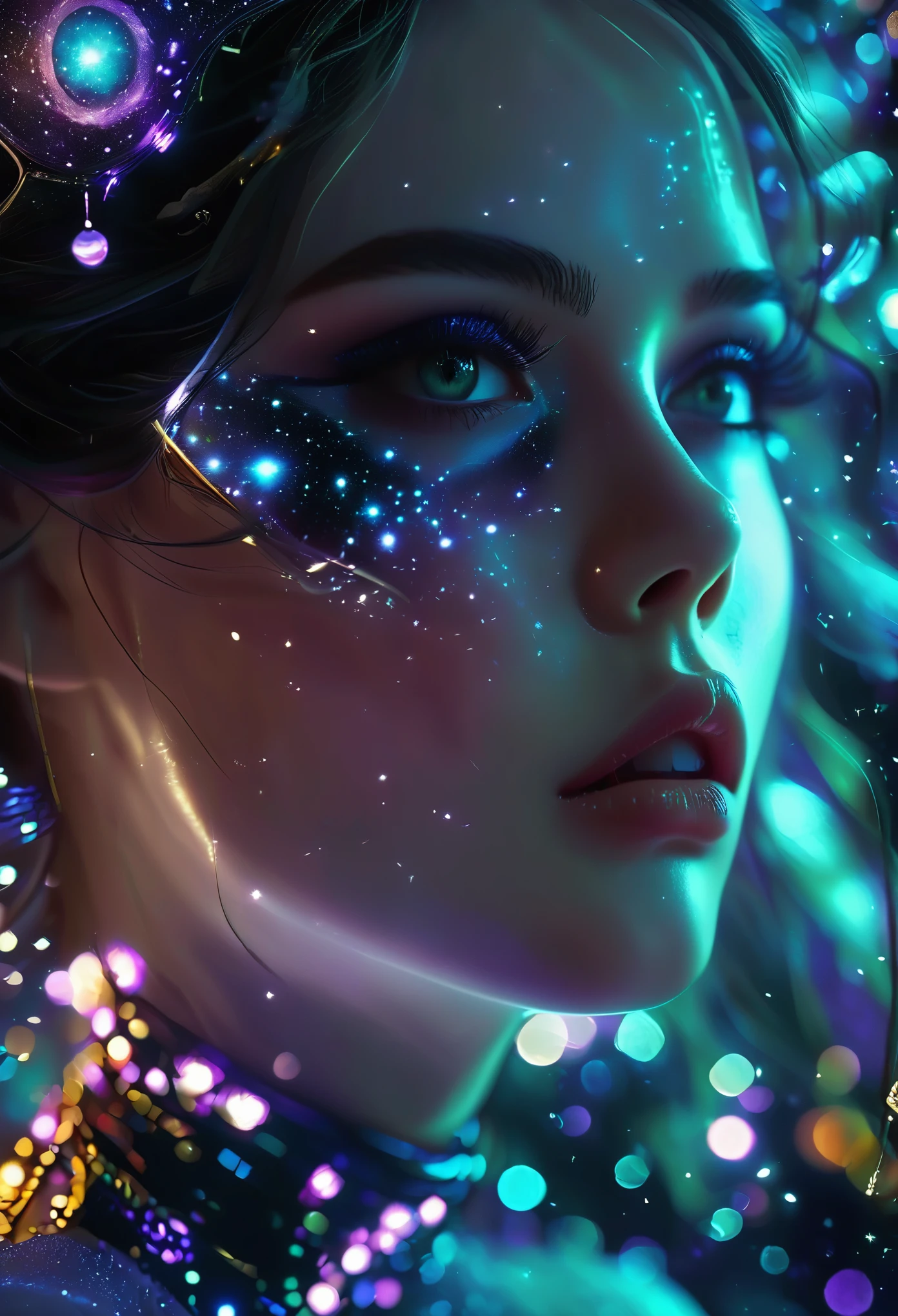 plano general, cuerpo entero, astrologa, magia astros, idílico, 1girl:1.5, beautiful detailed eyes, beautiful detailed lips, extremely detailed face and eyes, long eyelashes, elegant flowing dress, galaxy stars space background, cinematic lighting, ultra-realistic, 8k, high quality, masterpiece, photorealistic, hyper detailed, intricate details, dramatic lighting, vibrant colors, fantasy, concept art style