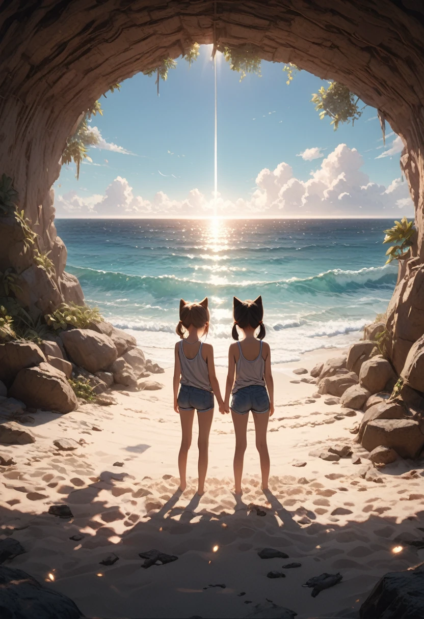 ((Masterpiece)), ((best quality)), (ultra-detailed), ((kawaii)), ((extremely detailed)), 4K, (8K), (super detail:1.2),(High Definition:1.3), (Professional Photography:1.2), (very aesthetic:1.2), (absurdres:1.2), (wide shot), cinematic lighting, (sharp focus), (perfect light), ((1girl)), ((12 years old)),8K, Glossy skin, cinematic lighting, 1girl, wide-shot, (Knit fabric tank top), (Cute innocent teenage girl), slendar body, small breast, glossy medium hair, (loose blunt bangs), ((:3)), open mouth, fang out, (grinning), beautiful collarbones, (slightly exposed shoulders), (put on Cat ears), pale brown hair, Hair that flutters in the wind, BREAK, ((best quality)), ((extremely detailed)), wide shot, (Relaxing on Zanzibar Island), sunnyday, Beautiful Horizon Background,