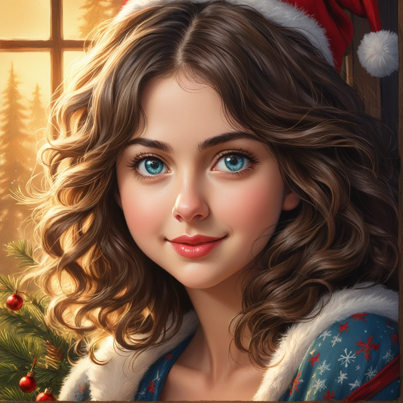 1 beautiful lithuanian lady, pleased, iced sparkling azure eyes, silk skin texture, skin grain, curly hair , christmas morning, cozy, warm lightThe artwork should be rendered in the style of "Breath of the Wild," featuring warm lighting and shadows. Include graphite shading, stencil marks, and airbrushed acrylic paint effects. The image should be of the highest quality, a masterpiece with intricate details.  She should have luscious lips, a wide smile, and bright, expressive eyes, exuding beauty, cuteness, and adorableness. Ensure the image is high resolution and sharply detailed, with a detailed and vibrant background. incorporate mystical lighting in the background, creating a romantic and enchanting atmosphere. Scartlett Johanson, Alison Brie, Selena Gomez.