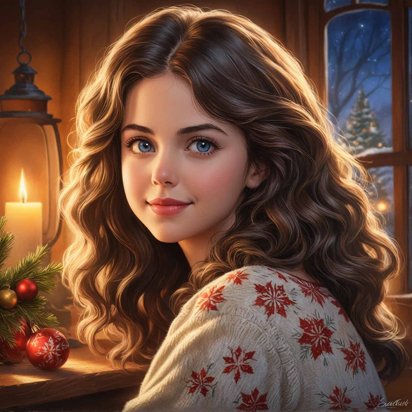1 beautiful lithuanian lady, pleased, iced sparkling azure eyes, silk skin texture, skin grain, curly hair , christmas morning, cozy, warm lightThe artwork should be rendered in the style of "Breath of the Wild," featuring warm lighting and shadows. Include graphite shading, stencil marks, and airbrushed acrylic paint effects. The image should be of the highest quality, a masterpiece with intricate details. She should have luscious lips, a wide smile, and bright, expressive eyes, exuding beauty, cuteness, and adorableness. Ensure the image is high resolution and sharply detailed, with a detailed and vibrant background. incorporate mystical lighting in the background, creating a romantic and enchanting atmosphere. Scartlett Johanson, Alison Brie, Selena Gomez.