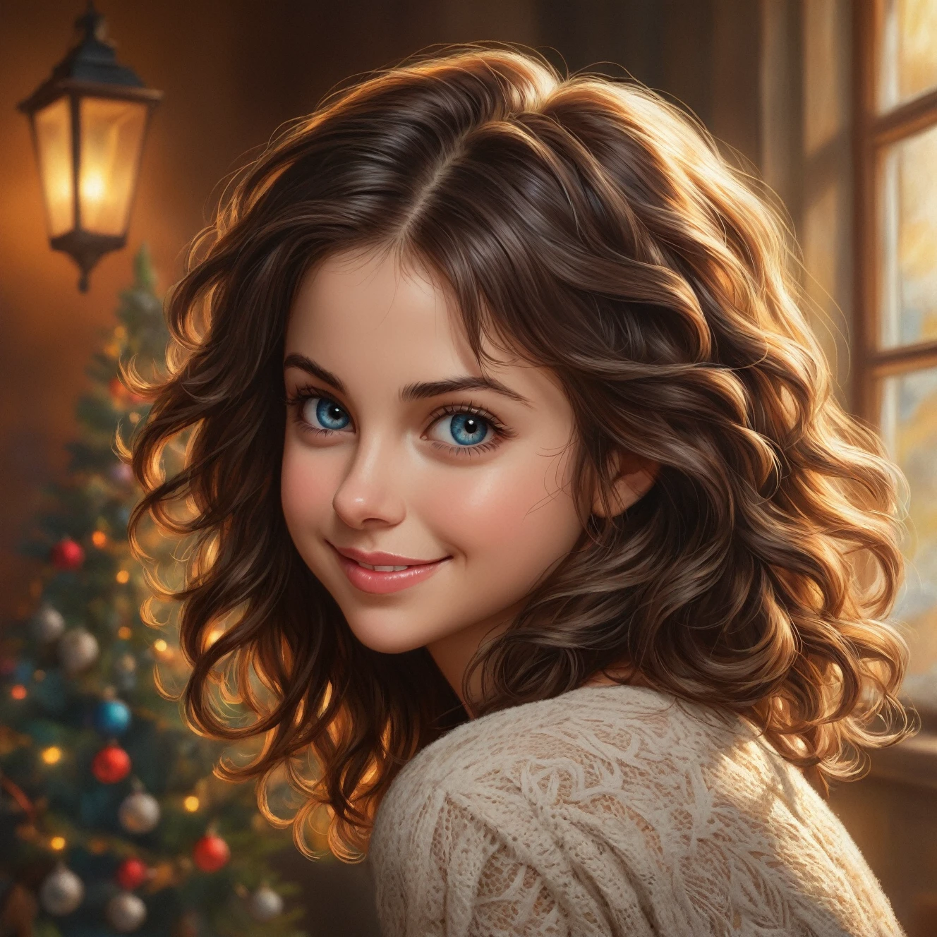 1 beautiful lithuanian lady, pleased, iced sparkling azure eyes, silk skin texture, skin grain, curly hair , christmas morning, cozy, warm lightThe artwork should be rendered in the style of "Breath of the Wild," featuring warm lighting and shadows. Include graphite shading, stencil marks, and airbrushed acrylic paint effects. The image should be of the highest quality, a masterpiece with intricate details.  She should have luscious lips, a wide smile, and bright, expressive eyes, exuding beauty, cuteness, and adorableness. Ensure the image is high resolution and sharply detailed, with a detailed and vibrant background. incorporate mystical lighting in the background, creating a romantic and enchanting atmosphere. Scartlett Johanson, Alison Brie, Selena Gomez.