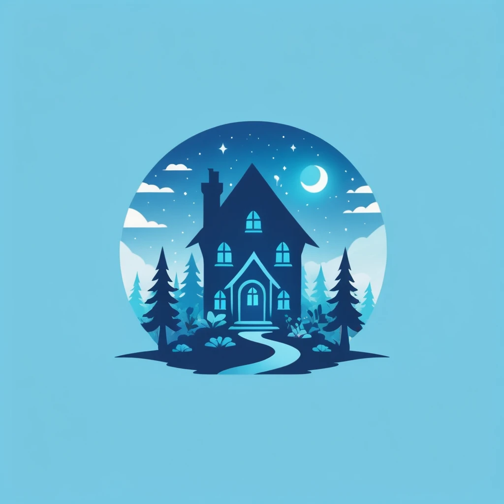 A logo with a family house full of magic, In an enchanted forest, minimalist, Dark blue, light blue and turquoise.