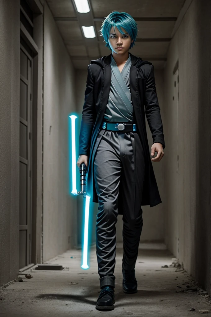 Anime promotional image of a boy with turquoise hair in a gray and black Jedi suit with a turquoise lightsaber posing as a girl in an abandoned hallway