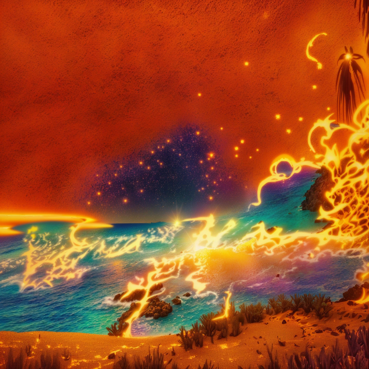 there is a picture of a painting of a beach with lava ground/ sand. landscape, hot and sunny highly-detailed, background artwork, desert oasis background, magical beach, island background, sea reflects night stars, tropical island, warm beautiful scene, background is heavenly, stylized digital illustration, sand is on fire on red spots.
