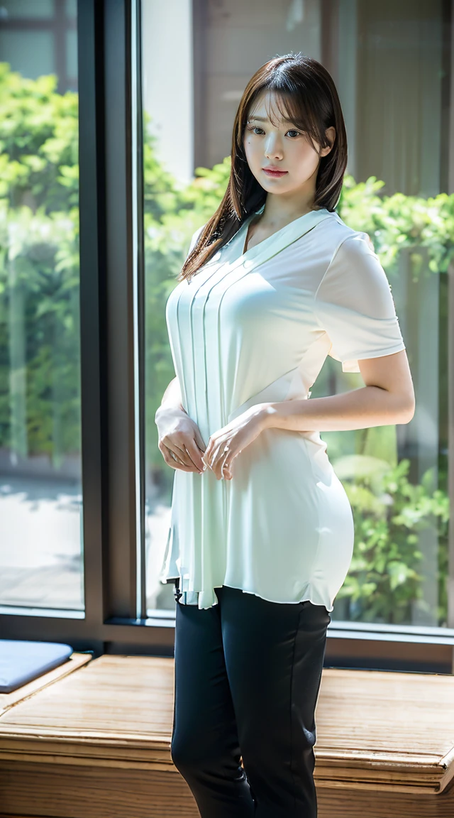 (masutepiece,High quality:1.3),(depth of fields:1.3) ,((front body:1.35)), Japanese ,woman, no makeup,standard height, thicc, curvy,(Looking at Viewer:1.3),(full body:1.2),Inside the office by the window
