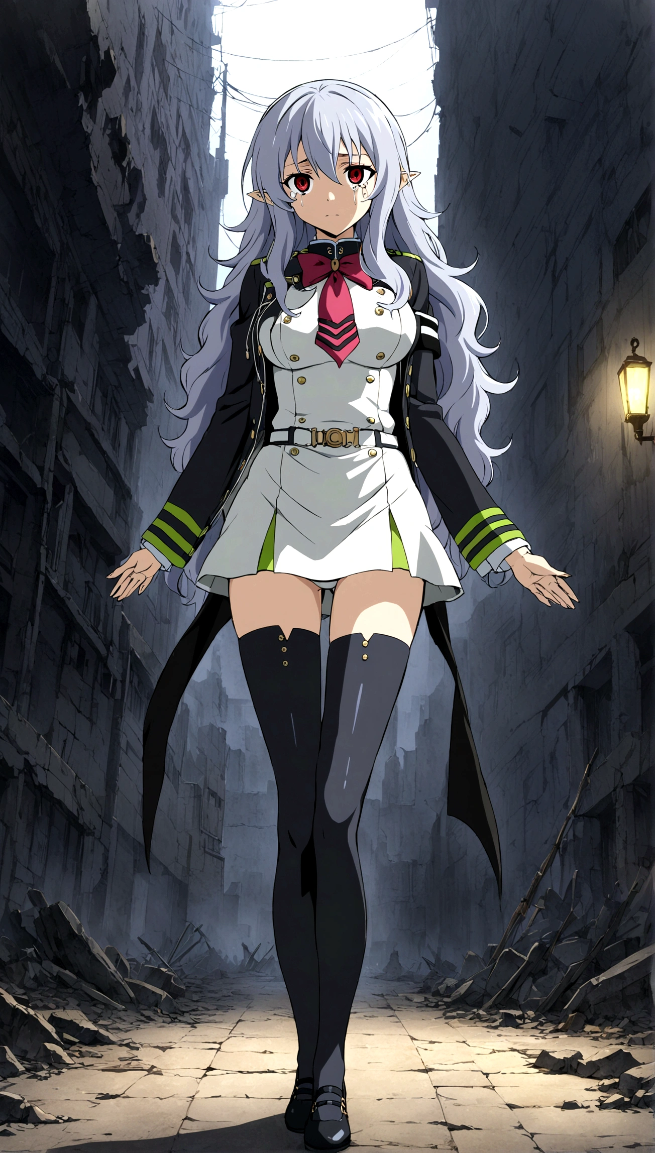 Anime. Owari no Seraph. 1 Girl. Expensive . A vampire. Clumsy. Progenitor. Silver hair. Wavy hair. Long hair. Red eyes. Beautiful eyes. Perfect eyes. Expressive eyes. Ideal face. Perfect body. Beautiful long ones. legs. Beautiful nose. 18 years. Big breasts. Standing. Full height. Beautiful character design. Shiny skin. Pointy ears. White dress. Vampire uniform dress from Owari no Seraph. Black stockings. She's crying. Deaths are in the eyes. Eyes swollen from tears. He wipes the tears from his eyes with his hands. Snot flows from the nose. Heeled shoes. Ruins of Tokyo. Whole body. NSF. Official art. Extremely detailed CG Unity 8k wallpaper. Ideal lighting. Ultra high resolution 4K. Super detailed 8K. A high resolution.