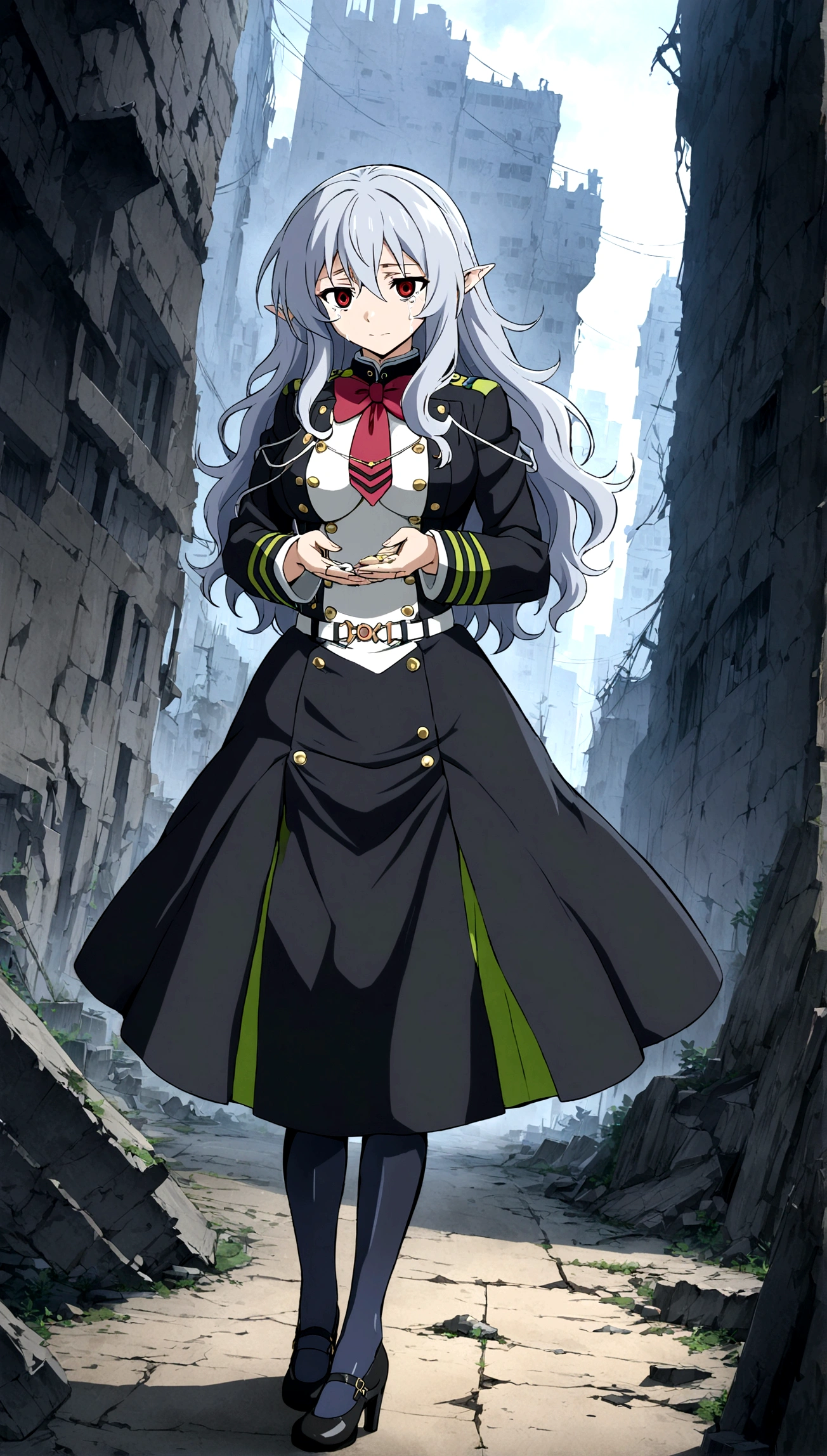 Anime. Owari no Seraph. 1 Girl. Expensive . A vampire. Clumsy. Progenitor. Silver hair. Wavy hair. Long hair. Red eyes. Beautiful eyes. Perfect eyes. Expressive eyes. Ideal face. Perfect body. Beautiful long ones. legs. Beautiful nose. 18 years. Big breasts. Standing. Full height. Beautiful character design. Shiny skin. Pointy ears. White dress. Vampire uniform dress from Owari no Seraph. Black stockings. She's crying. Deaths are in the eyes. Eyes swollen from tears. He wipes the tears from his eyes with his hands. Snot flows from the nose. Heeled shoes. Ruins of Tokyo. Whole body. NSF. Official art. Extremely detailed CG Unity 8k wallpaper. Ideal lighting. Ultra high resolution 4K. Super detailed 8K. A high resolution.