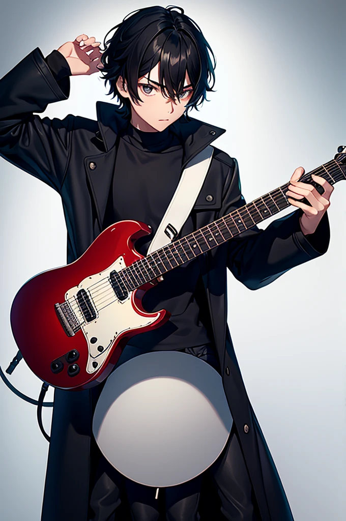 Boy with black hair in black coat with a black guitar with white shield