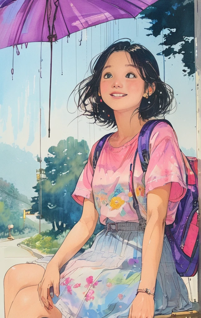 Singin' in the Rain、8K,masterpiece,Highest quality, (From below:1.6) ,Dynamic pose,30 years old, 1 girl, Have a big bouquet,Portraiture, Floral, Watercolor sketch, Light, Long Hair, smile, Watercolor \(Moderate\),Watercolor,Plain Tank Top,Plain Light blue sweater,Long skirt、Transparent cartoon girl sketch drawn with neon purple pink lines, Sitting at the bus stop, Rural landscape, Summer day, A fusion of 3D photography and 2D line drawings, Nostalgic atmosphere.