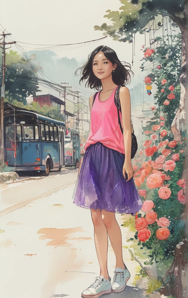 Singin' in the Rain、8K,masterpiece,Highest quality, (From below:1.6) ,Dynamic pose,30 years old, 1 girl, Have a big bouquet,Portraiture, Floral, Watercolor sketch, Light, Long Hair, smile, Watercolor \(Moderate\),Watercolor,Plain Tank Top,Plain Light blue sweater,Long skirt、Transparent cartoon girl sketch drawn with neon purple pink lines, Sitting at the bus stop, Rural landscape, Summer day, A fusion of 3D photography and 2D line drawings, Nostalgic atmosphere.