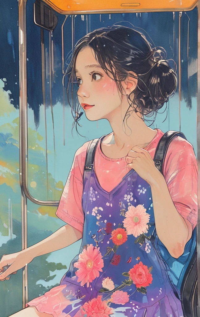 Singin' in the Rain、8K,masterpiece,Highest quality, (From below:1.6) ,Dynamic pose,30 years old, 1 girl, Have a big bouquet,Portraiture, Floral, Watercolor sketch, Light, Long Hair, smile, Watercolor \(Moderate\),Watercolor,Plain Tank Top,Plain Light blue sweater,Long skirt、Transparent cartoon girl sketch drawn with neon purple pink lines, Sitting at the bus stop, Rural landscape, Summer day, A fusion of 3D photography and 2D line drawings, Nostalgic atmosphere.