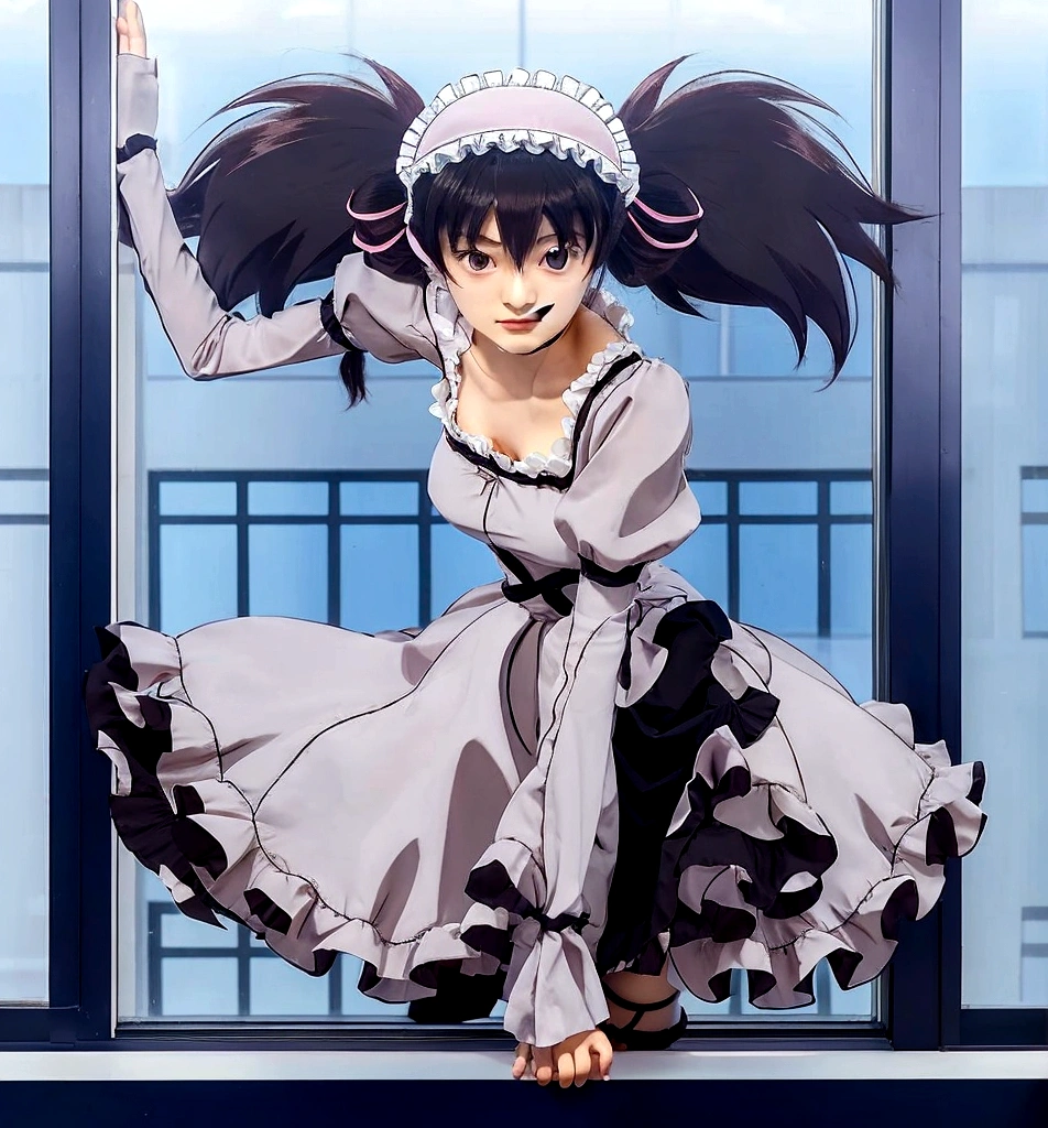 a woman in a long dress is standing in front of a window, anime moe artstyle, anime girl in a maid costume,  in dress, mirai nikki, rei hino as a princess, style of madhouse anime, anime cat girl in a maid costume, the anime girl is running, mirai nikki, minene uryuu 