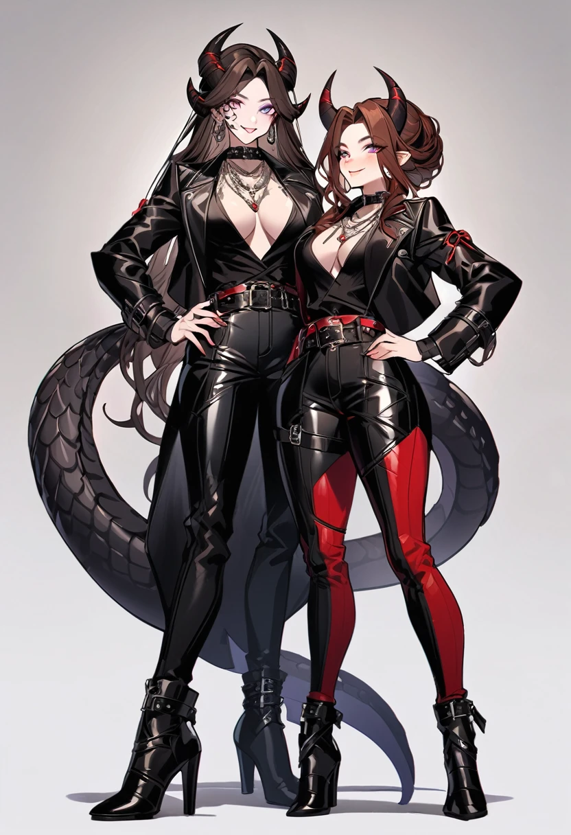 Tall woman, cheeky smile, brunette, hair gathered in a low bun, strands on the sides of face, red and black tight clothes, purple eyes, dragon tail and horns, belts, pants, light lipstick