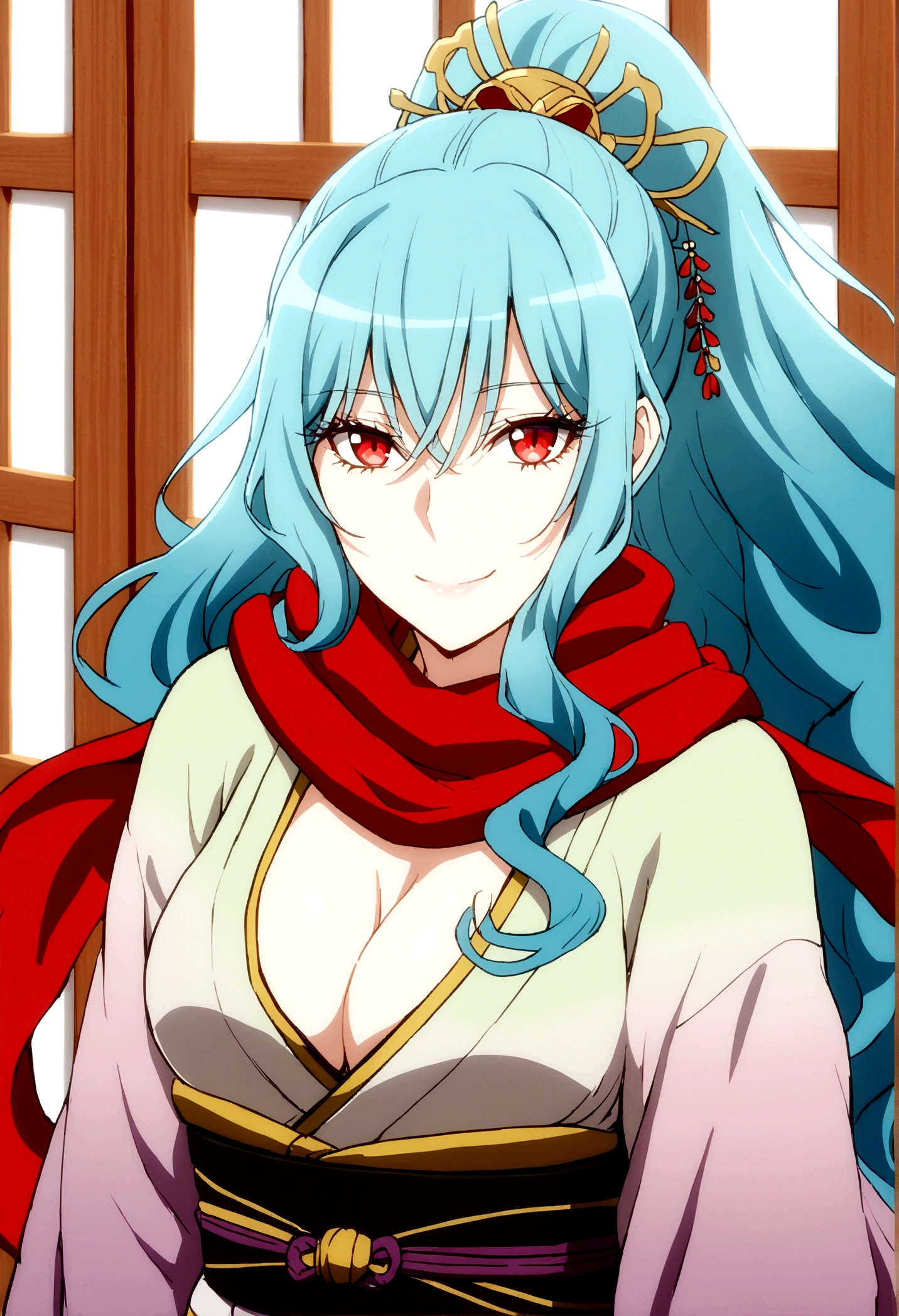 ,pikkytomoe, 1girl, solo, looking at viewer, blue hair, long hair, ponytail, red eyes, breasts, large breasts, hair ornament, japanese clothes, kimono, cleavage, scarf, red scarf, sash, smile, looking at viewer,