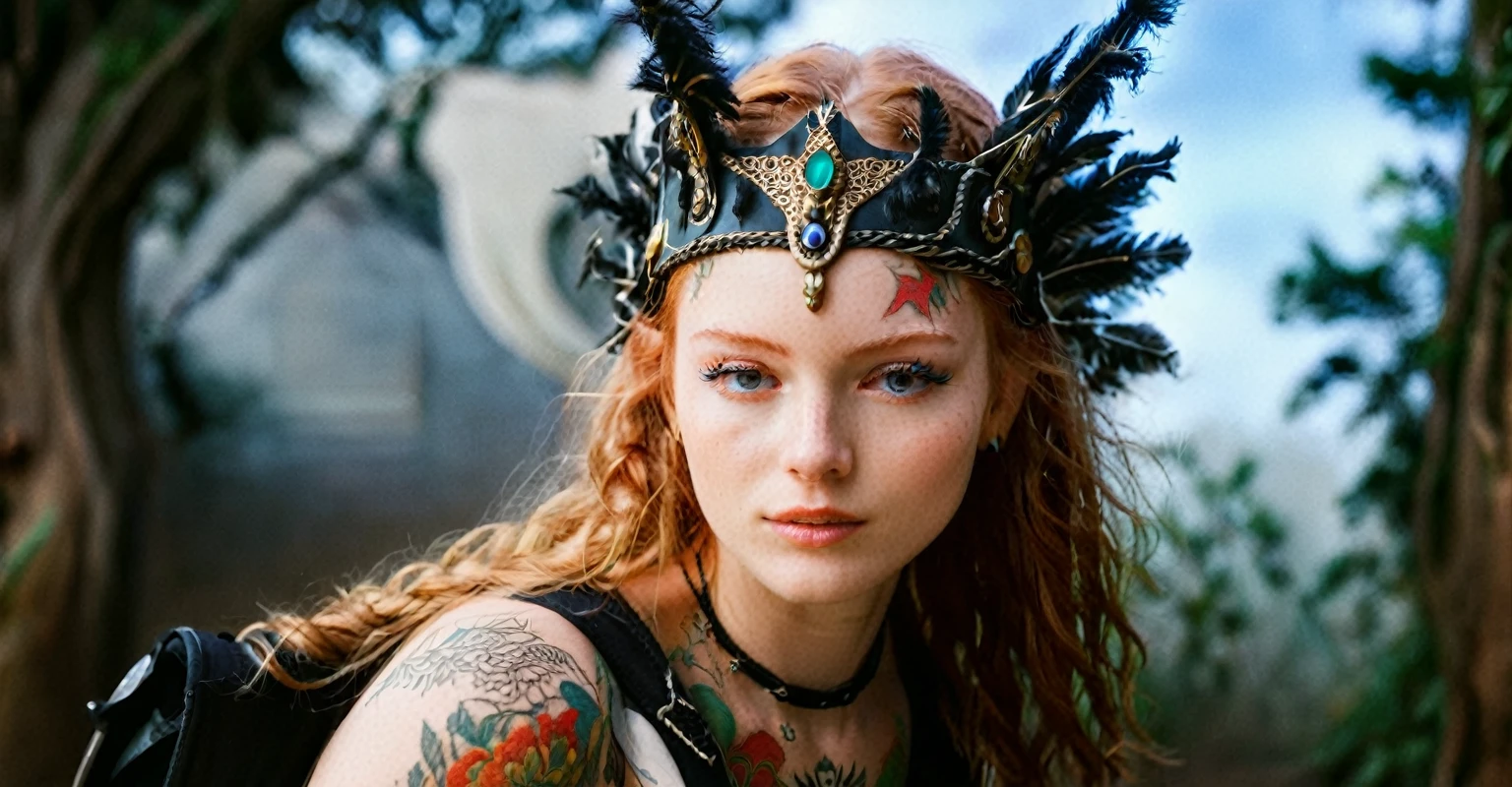 (best quality,highres,ultra-detailed), close-up, 19 year old long haired ginger woman, hair is tightly braided and kept under a ceremonial warriors helmet, tattooed, detailed facial tattoos, shirtless, muscular, fully tattooed body, magical ritual, magical symbols, black magic, model is dusty, dark ambiance, intense lighting, mysterious atmosphere, tribal, powerful, supernatural, mystical, enchanted, griffin symbols, spiritual connection, ritualistic movements, mesmerizing, captivating, intense gaze, confident expression, dominant presence, dark color palette, contrast, dramatic shadows, intricate details, surreal, otherworldly, ethereal, magical energy, intense emotions, powerful aura, mystical transformation, evocative, haunting, immersive composition, arri alexa 65 anamorphic 2.4-1,