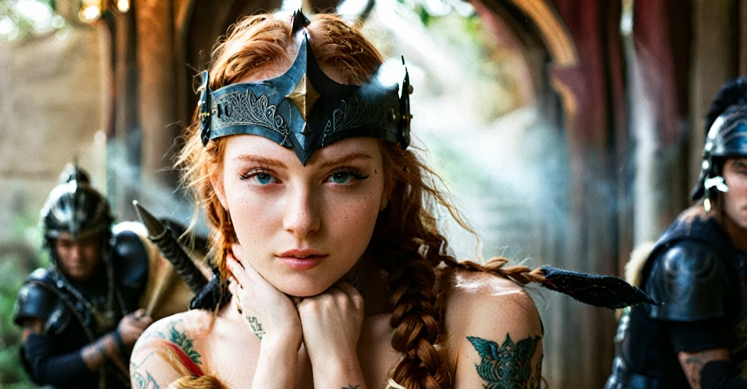 (best quality,highres,ultra-detailed), close-up, 19 year old long haired ginger woman, hair is tightly braided and kept under a ceremonial warriors helmet, tattooed, detailed facial tattoos, shirtless, muscular, fully tattooed body, magical ritual, magical symbols, black magic, model is dusty, dark ambiance, intense lighting, mysterious atmosphere, tribal, powerful, supernatural, mystical, enchanted, griffin symbols, spiritual connection, ritualistic movements, mesmerizing, captivating, intense gaze, confident expression, dominant presence, dark color palette, contrast, dramatic shadows, intricate details, surreal, otherworldly, ethereal, magical energy, intense emotions, powerful aura, mystical transformation, evocative, haunting, immersive composition, arri alexa 65 anamorphic 2.4-1, 