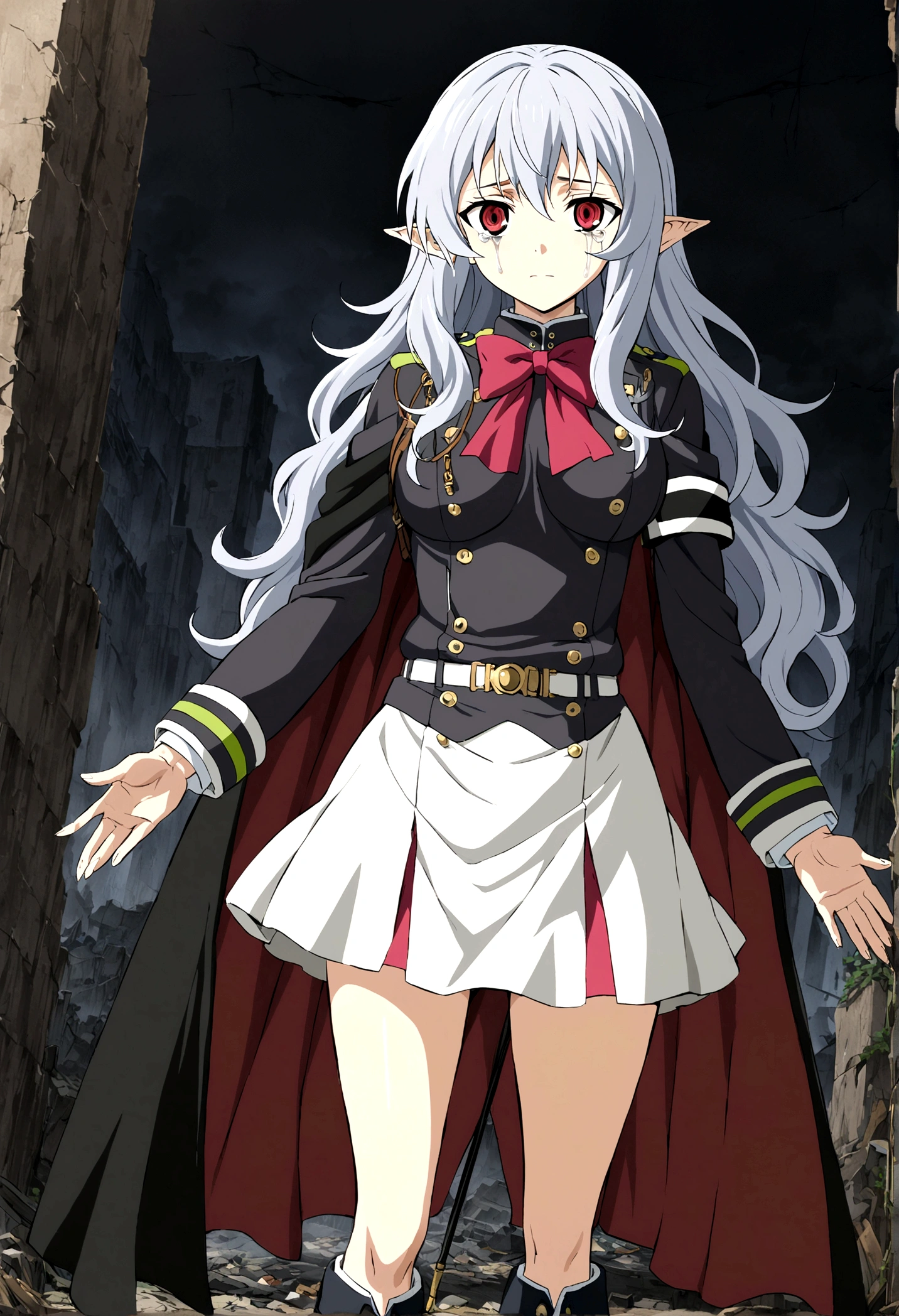 Anime. Owari no Seraph. 1 Girl. Expensive . A vampire. Clumsy. Progenitor. Silver hair. Wavy hair. Long hair. Red eyes. Beautiful eyes. Perfect eyes. Expressive eyes. Ideal face. Perfect body. Beautiful long ones. legs. Beautiful nose. 18 years. Big breasts. Standing. Full height. Beautiful character design. Shiny skin. Pointy ears. White dress. Vampire uniform dress from Owari no Seraph. Black stockings. She's crying. Deaths are in the eyes. Eyes swollen from tears. He wipes the tears from his eyes with his hands. Snot flows from the nose. Heeled shoes. Ruins of Tokyo. Whole body. NSF. Official art. Extremely detailed CG Unity 8k wallpaper. Ideal lighting. Ultra high resolution 4K. Super detailed 8K. A high resolution.