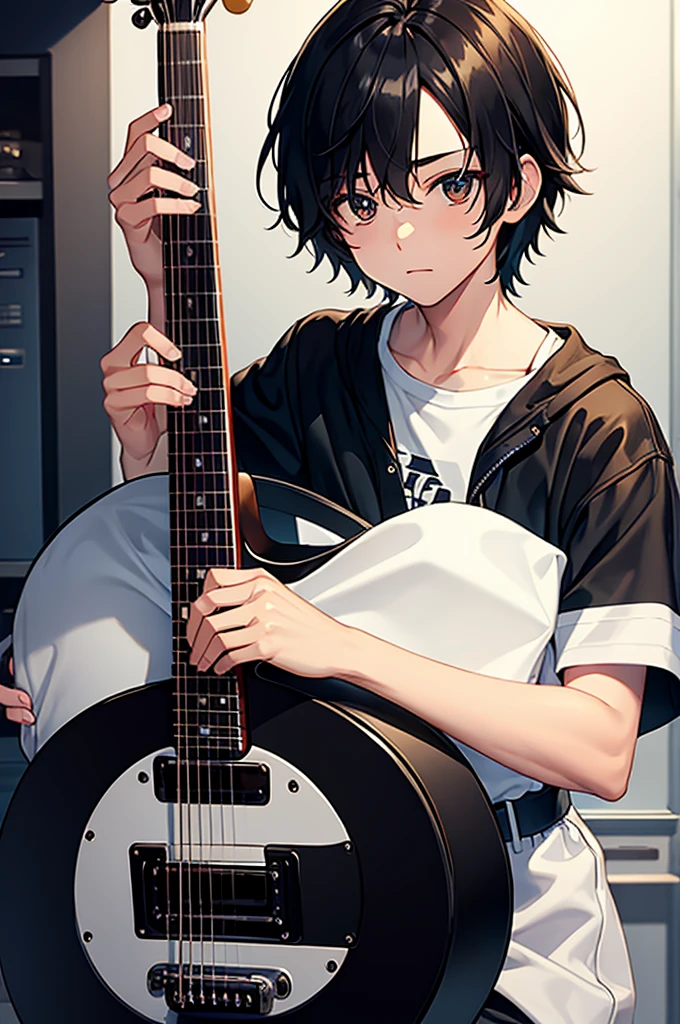 Boy with a black guitar with white shield