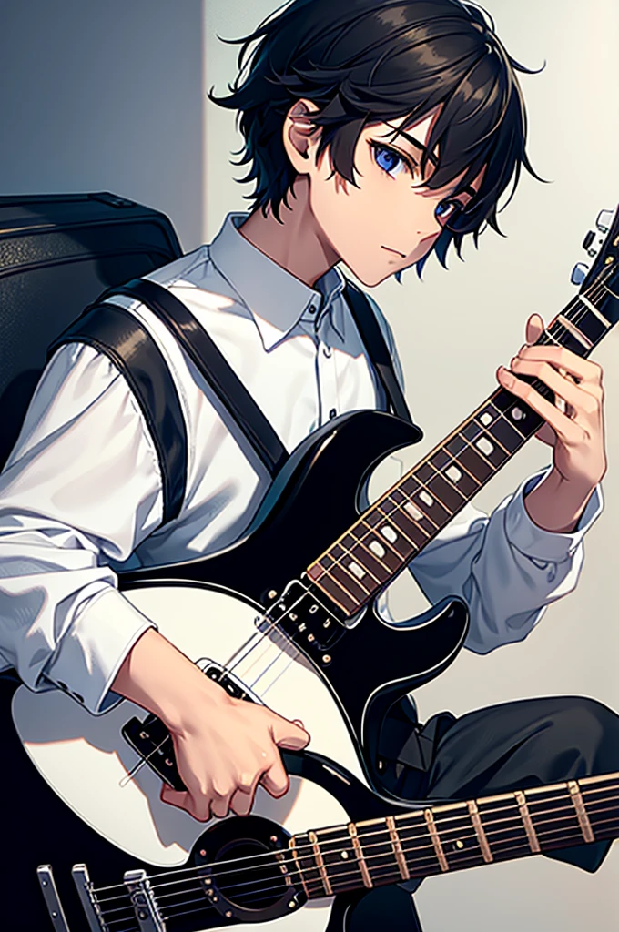 Boy with a black guitar with white shield