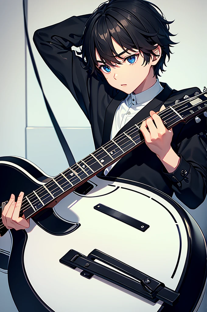 Boy with a black guitar with white shield
