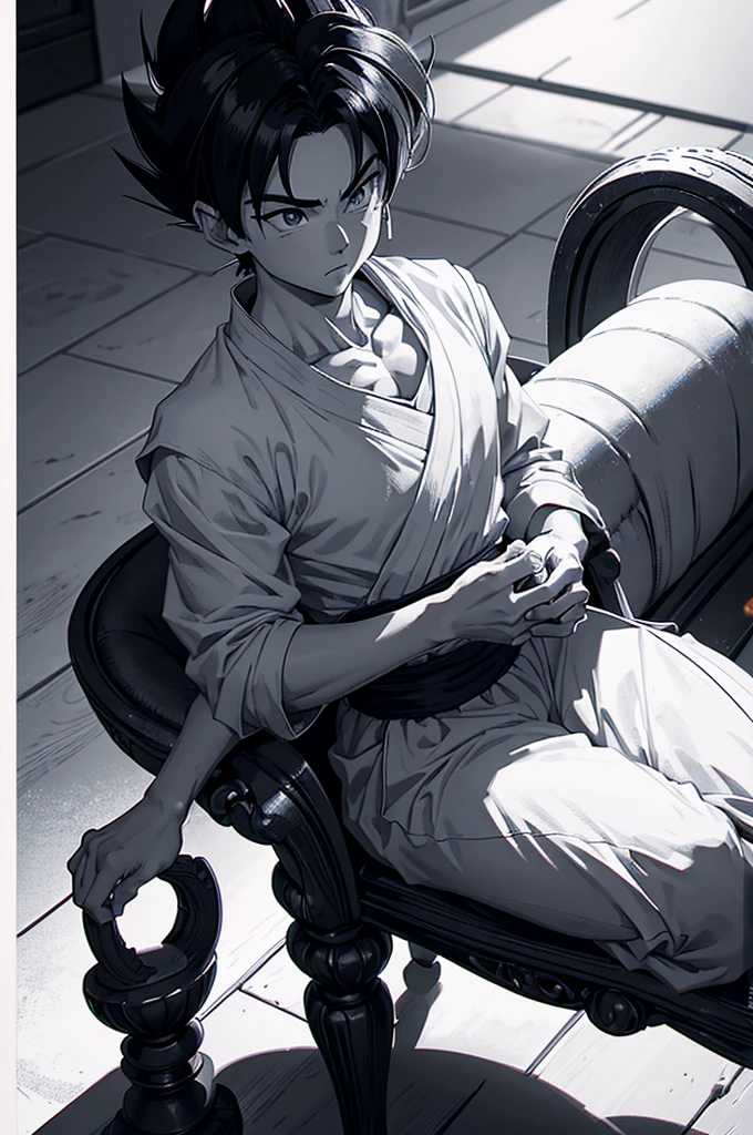 a drawing of a young Gohan sitting on a throne, Son Goku, portrait of Goku, Goku from dragon ball, goku from dragon ball z, highly detailed portrait of Goku, Goku portrait, Goku as an asian man, goku from dragonball z, by Akira Toriyama, Goku, black and white manga style, sitting on a stone throne, human goku