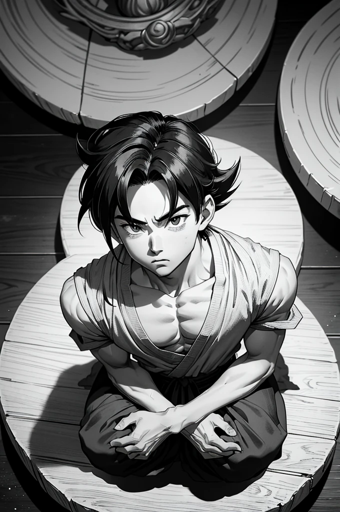 a drawing of a young Gohan sitting on a throne, Son Goku, portrait of Goku, Goku from dragon ball, goku from dragon ball z, highly detailed portrait of Goku, Goku portrait, Goku as an asian man, goku from dragonball z, by Akira Toriyama, Goku, black and white manga style, sitting on a stone throne, human goku