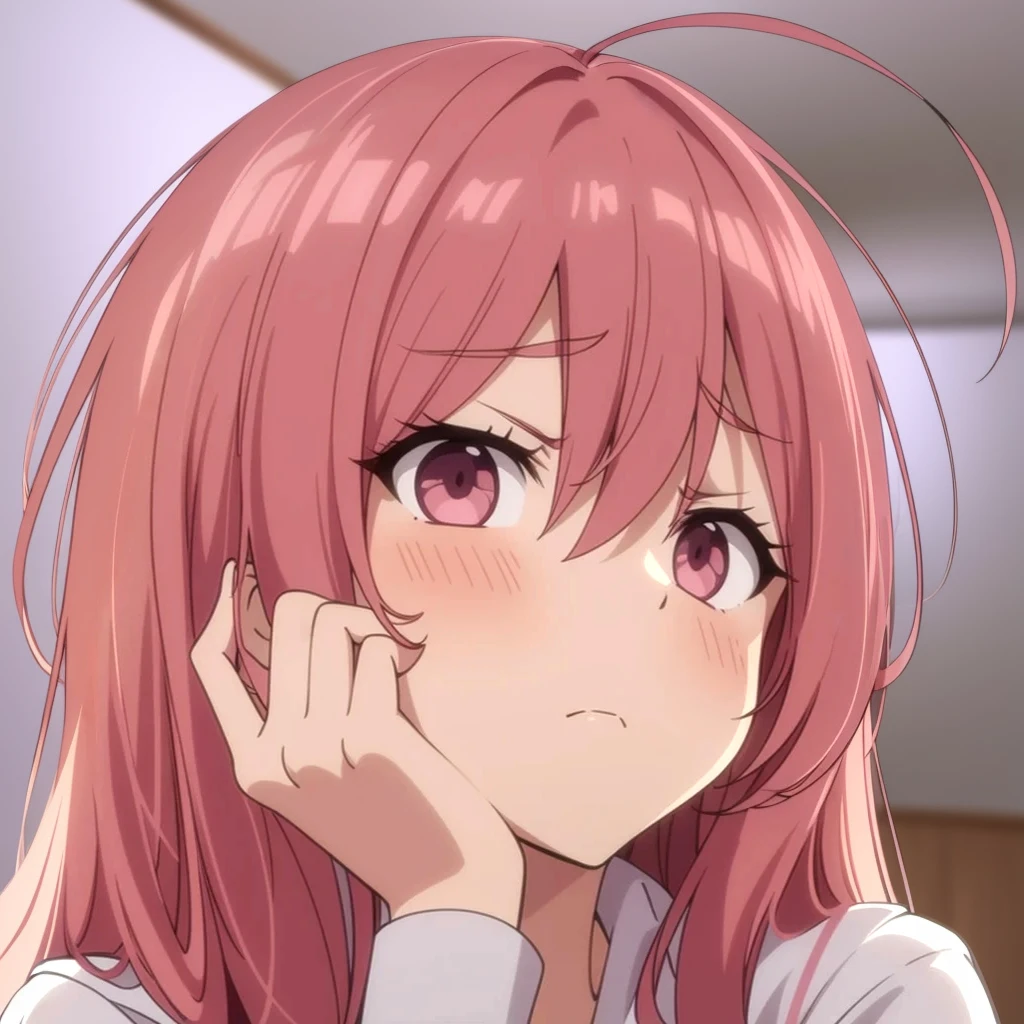 young woman. pink hair. amber eyes. arrogant face. white blouse. wild hair. furrowed brow. contemptuous look. against the backdrop of an apartment room. white walls. gender. ceiling.