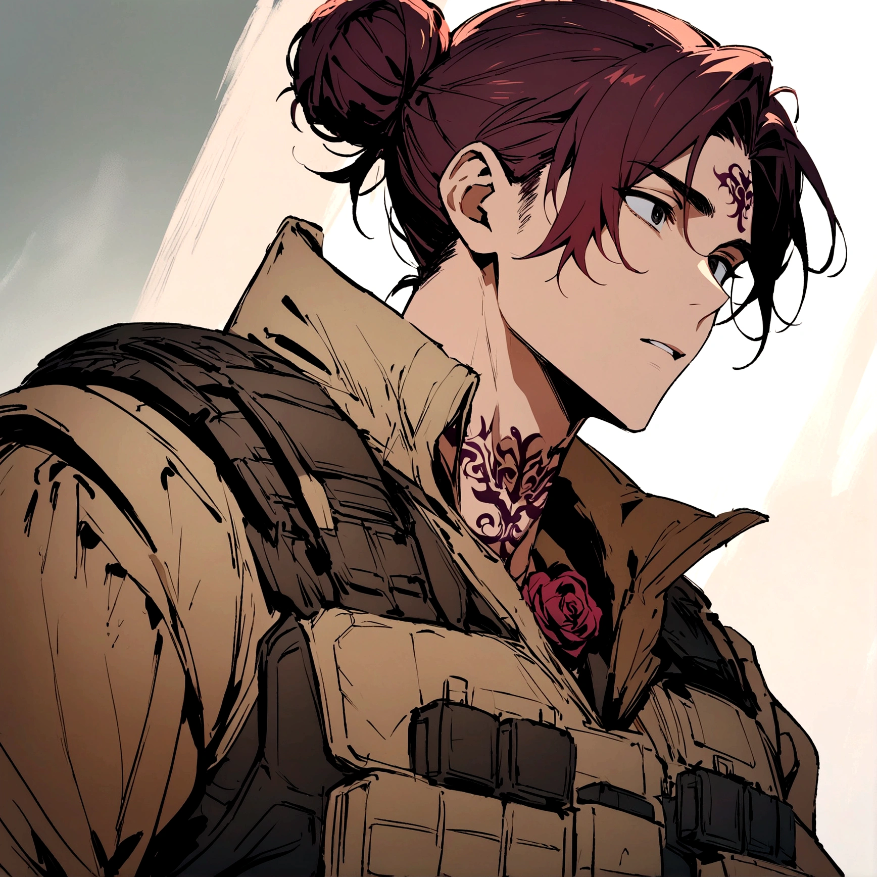 (masterpiece), best quality, expressive eyes, perfect face, Male, maroon messy hair-bun, black eyes, neck roses tattoo. brown fur lined overcoat, tactical vest, handsome, waist up view, upper body view, young male 