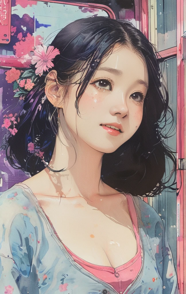 Singin' in the Rain、8K,masterpiece,Highest quality, (From below:1.6) ,Dynamic pose,30 years old, 1 girl, Have a big bouquet,Portraiture, Floral, Watercolor sketch, Light, Long Hair, smile, Watercolor \(Moderate\),Watercolor,Plain Tank Top,Plain Light blue sweater,Long skirt、Transparent cartoon girl sketch drawn with neon purple pink lines, Sitting at the bus stop, Rural landscape, Summer day, A fusion of 3D photography and 2D line drawings, Nostalgic atmosphere.