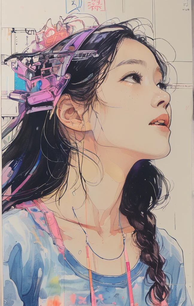 Singin' in the Rain、8K,masterpiece,Highest quality, (From below:1.6) ,Dynamic pose,30 years old, 1 girl, Have a big bouquet,Portraiture, Floral, Watercolor sketch, Light, Long Hair, smile, Watercolor \(Moderate\),Watercolor,Plain Tank Top,Plain Light blue sweater,Long skirt、Transparent cartoon girl sketch drawn with neon purple pink lines, Sitting at the bus stop, Rural landscape, Summer day, A fusion of 3D photography and 2D line drawings, Nostalgic atmosphere.