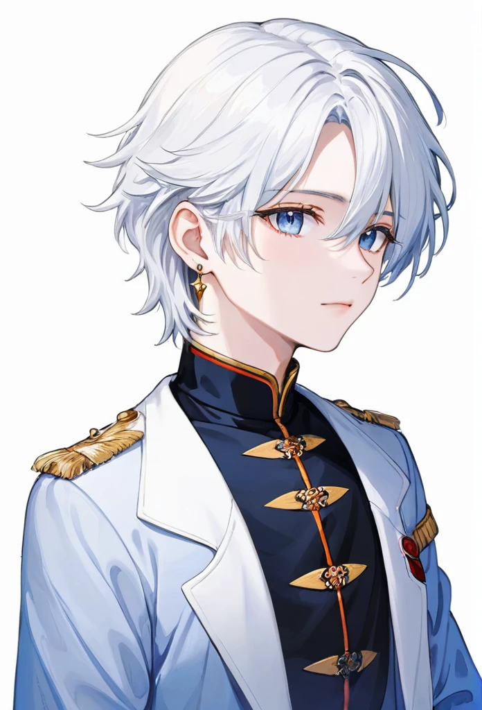 White haired omega male boy up to his neck, tender eyes blue as the sky, White and delicate skin, long earrings