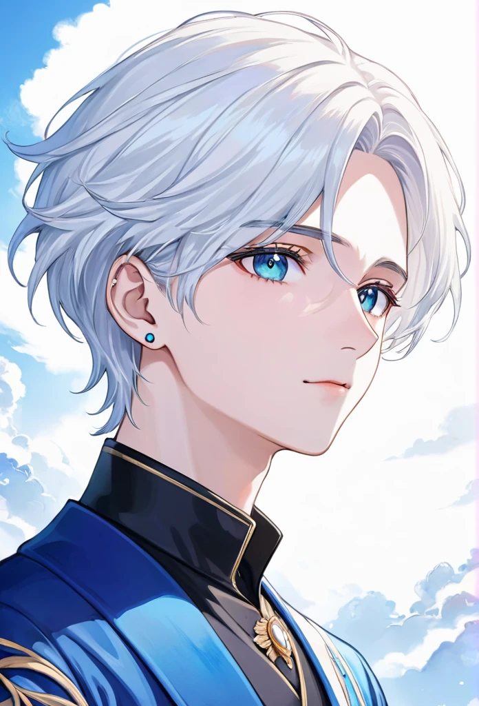 White haired omega male boy up to his neck, tender eyes blue as the sky, White and delicate skin, long earrings