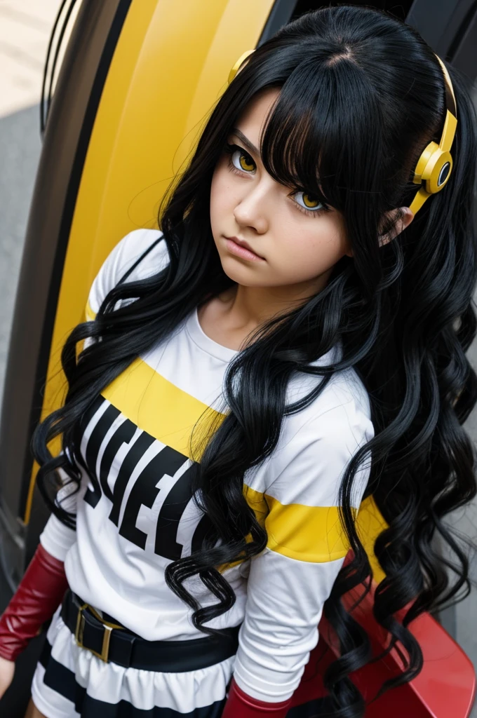 My hero academia style.
Girl with long black wavy hair, yellow eyes, and serious face.