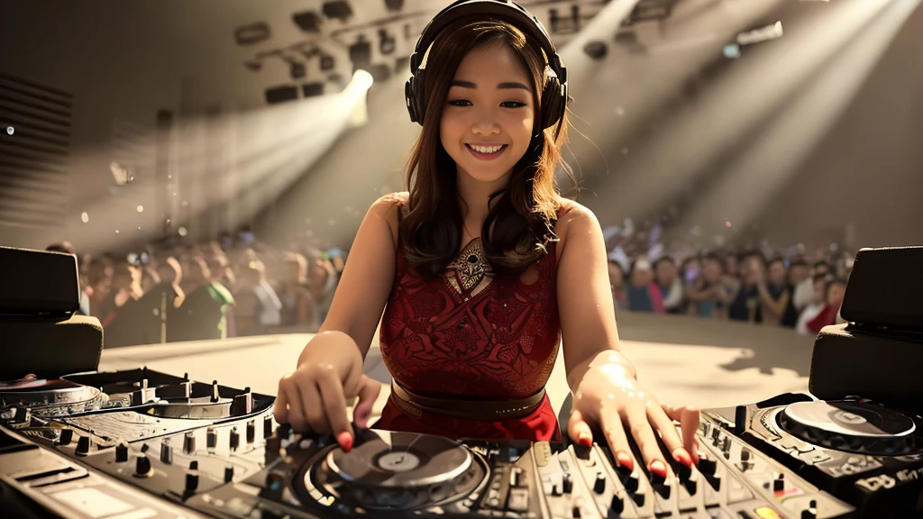 (ultra - detailed, 16K resolution, Cinema lenses, rendering by octane), (high resolution:1.18), intricate detail, (masterpiece:1.1), (highest quality:1.1),1 chinese-Indonesian girl, modern plain hijab, shy, medium portrait, watery eyes, wearing red kebaya, well-proportioned body,, chubby massive thighs, hena art the face, Wearing DJ headphones, Smile while DJing on stage, The spotlight shines on the female DJ. Photorealistic photography by Disco Lighting, (cute round face:1.3), perfect fingers, five fingers, beautiful hands, perfect hands. master peace, cute smile.