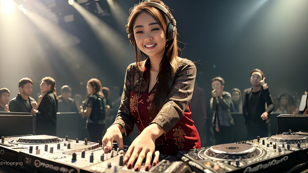 (ultra - detailed, 16K resolution, Cinema lenses, rendering by octane), (high resolution:1.18), intricate detail, (masterpiece:1.1), (highest quality:1.1),1 chinese-Indonesian girl, modern plain hijab, shy, medium portrait, watery eyes, wearing red kebaya, well-proportioned body,, chubby massive thighs, hena art the face, Wearing DJ headphones, Smile while DJing on stage, The spotlight shines on the female DJ. Photorealistic photography by Disco Lighting, (cute round face:1.3), perfect fingers, five fingers, beautiful hands, perfect hands. master peace, cute smile.